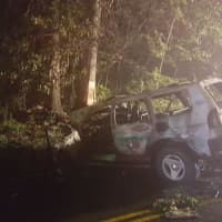 <p>A driver was burned after his vehicle burst into flames following an crash.</p>