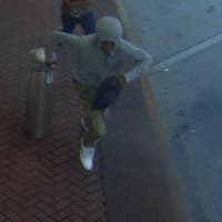 <p>A suspect in a gray-hooded sweatshirt runs with the purse after snatching it at the Pulse Point bus station in Norwalk.</p>