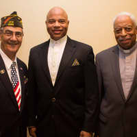 <p>Vito Pinto, former director, Westchester County Office of Veterans Affairs, keynote speaker Reverend (Major) Anthony S. Montague, US Army, Retired and Rev. Ervin R. Graves at the sixth annual Veterans Breakfast</p>