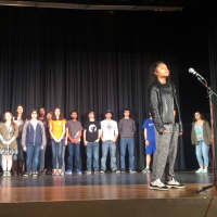 <p>Port Chester High School students rehearsed for their April performances of Pippin last month with Grammy-nominated singer Seth Glier.</p>