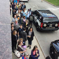 <p>A long line at SUNY Purchase stretches hundreds of yards on Thursday around 12:15 p.m.</p>