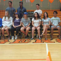 <p>Mamaroneck High School seniors who have committed to college sports teams were recognized Thursday during a ceremony in which they wore their college team shirts and colors.</p>