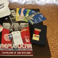 <p>Weston Republican Town Committee Chairman Bob Ferguson displays his souvenirs from the GOP Convention in Cleveland.</p>