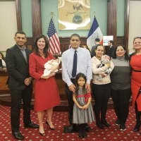 <p>Speaker of the New York City Council Melissa Mark-Viverito, far right, and Council Member Elizabeth Crowley (District 30), with the Roman family of Dumont.</p>