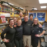 <p>Ron Lee, front, second from right, and his staff at Soup Thyme in Monroe.</p>