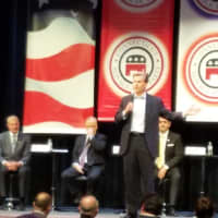<p>Candidate for CT Governor and Westport resident Steve Obsitnik speaks at the 5th and final GOP debate</p>