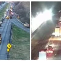 <p>Interstate reopening following the multi-vehicle fires |(left) and the scene of the fires on the right.</p>