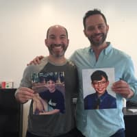 <p>Recognize them? Andrew Goldberg, left, with Nick Kroll holding photos of themselves as kids growing up in Westchester.</p>