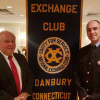 <p>Firefighter Mike Vitolo and Danbury Exchange Club President James Russell</p>