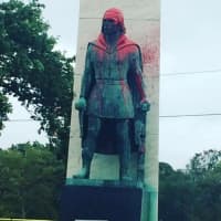 <p>The statue of Christopher Columbus in Seaside Park in Bridgeport was vandalized with red paint and tagged with the words “Kill the Colonizer” in white paint at the base.</p>