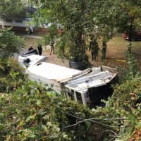<p>A garbage truck flipped and landed on its side in Croton Point Park.</p>