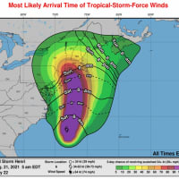 <p>A look at the latest projected track and timing of Tropical-Storm-Force winds from Henri.</p>