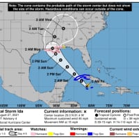 <p>The latest projected path for Tropical Storm Ida, released Friday morning, Aug. 27.</p>