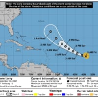 <p>A look at the current projected track for Larry by the NWS NOAA National Hurricane Center.</p>