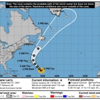 <p>A look at the current projected track for Larry released by the NWS NOAA National Hurricane Center on Tuesday afternoon, Sept. 7.</p>