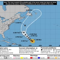 <p>A look at the current projected track for Larry released by the NWS NOAA National Hurricane Center on Monday afternoon, Sept. 6.</p>