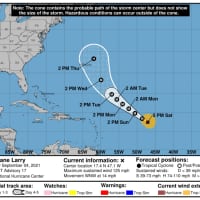 <p>A look at the current projected track for Larry by the NWS NOAA National Hurricane Center.</p>