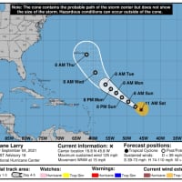 <p>A look at the current projected track for Larry by the NWS NOAA National Hurricane Center, released Saturday, Sept. 4.</p>