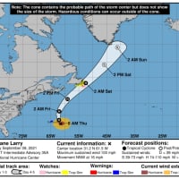 <p>A look at the current projected track for Larry released by the NWS NOAA National Hurricane Center on Thursday morning, Sept. 9.</p>
