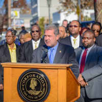 <p>Yonkers Mayor Mike Spano announcing the naming of Winston K. David Place.</p>
