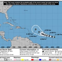 <p>The projected path for Tropical Storm Sam by the National Hurricane Center, released on Thursday morning, Sept. 23.</p>