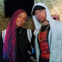 <p>Alicia Keys and Eminem in the recording studio.</p>