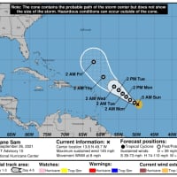 <p>The latest projected path for Sam, now a Category 4 hurricane, released Sunday morning, Sept. 26 by the National Hurricane Center.</p>