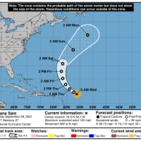 <p>The latest projected path for Sam, released Wednesday morning, Sept. 29 by the National Hurricane Center.</p>
