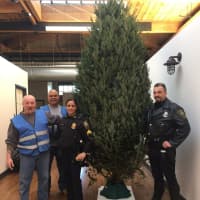 <p>Success! John, Jose, Sgt. Sofia Gulino and Officer Chris Wasilewski get the tree set up at the Open Door Shelter in Norwalk.</p>
