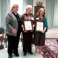 <p>Liz Feldman of the Town of Ossining, left, and Ossining Mayor Victoria Gearity, right, both presented the Dominican Sisters of Hope with proclamations for the Day of Hope in Ossining.</p>