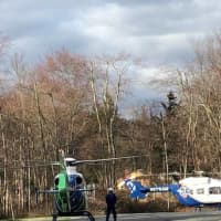 <p>Two helicopters land to transport patients involved in a head-on crash.</p>