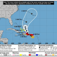 <p>The projected track and timing for Hurricane Fiona through Friday, Sept. 23, released by the National Hurricane Center.</p>