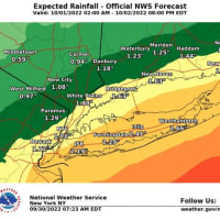 <p>Projected rainfall amounts on Saturday, Oct. 1 in the New York City tristate area, where the heaviest rain in the region is expected.</p>