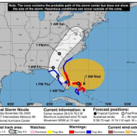<p>The latest timing and track for Nicole released Wednesday morning, Nov. 9 by the National Hurricane Center.</p>