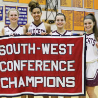 <p>Bethel seniors (left to right) Sofia Orrico, Meggy Dolan, Amanda Towey, Madison Byrnes and Anne Bedore celebrate with the championship banner.</p>