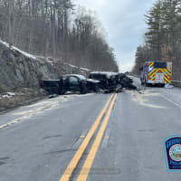 <p>First responders on the scene of a serious car crash on Route 2 in Greenfield</p>