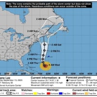 <p>A look at Hurricane Lee&#x27;s projected track through 8 a.m. Monday, Sept. 18.</p>
