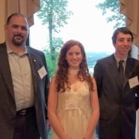 <p>Chris Graziano, vice president of SUEZ, with Samantha Oates (Pearl River) and Marc Wolf (Suffern). Each student won a $3,000 SUEZ-NAWC scholarship.</p>