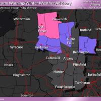 <p>Winter weather advisories are in effect in areas shown in purple.</p>