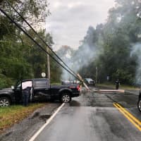 <p>Spook Rock Road was closed after a truck slammed into a utility pole.</p>