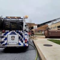 <p>Manheim Township firefighters at the scene of a fire at the high school woodshop.&nbsp;</p>