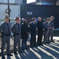 <p>Major Douglas R. Keyer, Jr. along with Capt. George J. Mohl, Zone 1 commander, Lt. Brian T. Ferrone and Zone 1 members honored the memory of Trooper Robert W. Ambrose</p>