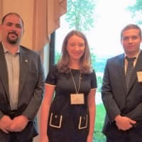 <p>Chris Graziano, vice president of SUEZ with Emma McCormack (Hastings-on-Hudson), and Michael Calano (New Rochelle). Each student won a $3,000 SUEZ-NAWC scholarship.</p>