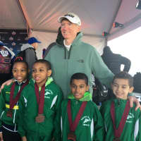 <p>The 4 x 400 relay team that placed  at the indoor national championships with their coach, Joe McMahon from the Yonkers track club. Relay medalists, from left to right, are: Kyle Snow, Aaron Irish Bramble, Sachin Ramharak and Dean Vazquez.</p>