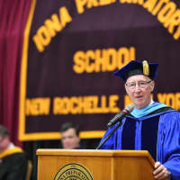 <p>Bro. Thomas Leto, Iona Preparatory School president, reminds the graduates that they will always be loved, and are always welcome back home at the Prep during commencement exercises at Iona College.</p>