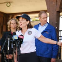 <p>Gov. Hochul after touring storm damage at the Great Neck Long Island Rail Road station in Nassau County on Thursday, Aug. 2.</p>