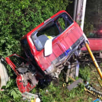 <p>A driver had to be extricated from his truck after crashing into a telephone pole in Trumbull and totaling his car.</p>