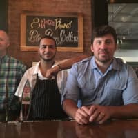 <p>Partner Rich Mitchell, Executive Chef Hichem Habbas, and Chef/Owner Constantine Kalandranis behind the copper bar at 8 North Broadway in Nyack.</p>