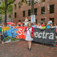 <p>Peekskill resident Tina Bongar. center, speaks Thursday at a press conference where participants called on U.S. Sens. Charles Schumer and Kirsten Gillibrand to step up efforts to halt the Algonquin pipeline project.</p>