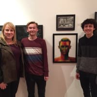 <p>Art teacher Ivana Masic stands with Pearse Callaghan and Marc Charbonier.</p>